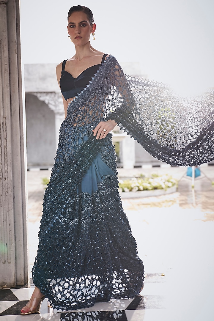 Blue Georgette Cutwork Ombre Bridal Saree Set by Sawan Gandhi at Pernia's Pop Up Shop