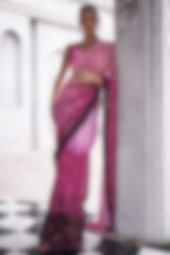 Wine & Pink Georgette Cutwork Ombre Bridal Saree Set by Sawan Gandhi at Pernia's Pop Up Shop