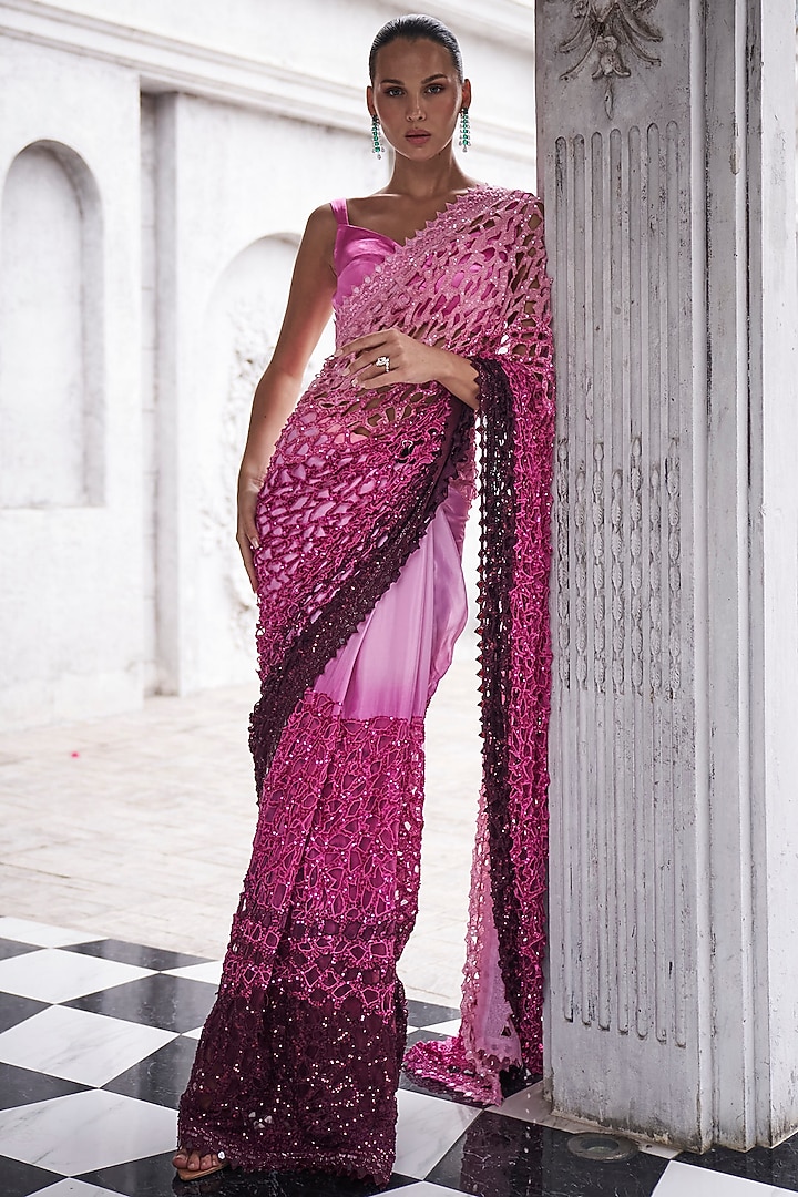 Wine & Pink Georgette Cutwork Ombre Bridal Saree Set by Sawan Gandhi at Pernia's Pop Up Shop