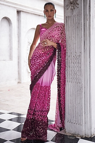 Wine & Pink Georgette Cutwork Ombre Saree Set by Sawan Gandhi