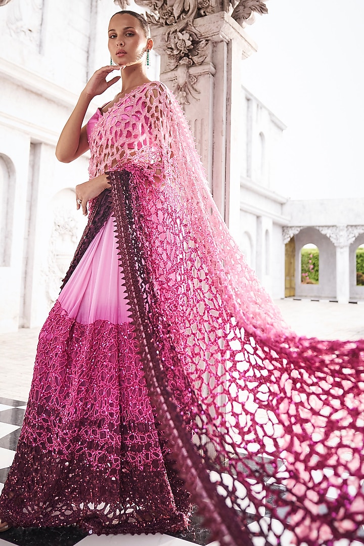 Wine & Pink Georgette Cutwork Ombre Bridal Saree Set by Sawan Gandhi at Pernia's Pop Up Shop