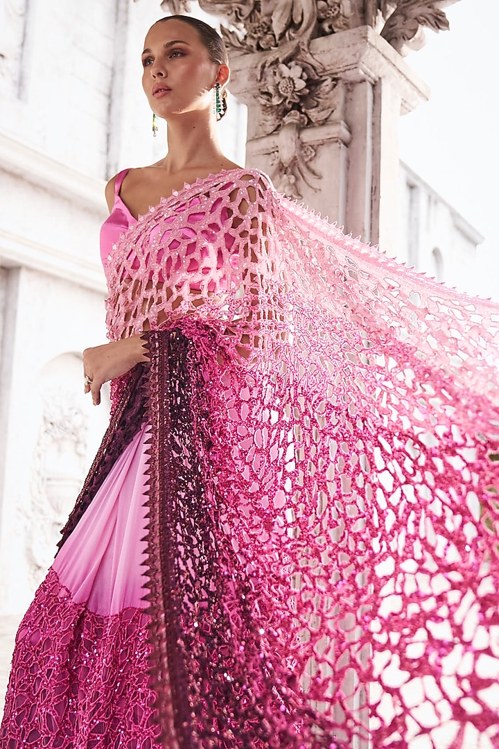 Wine & Pink Georgette Cutwork Ombre Bridal Saree Set by Sawan Gandhi at Pernia's Pop Up Shop