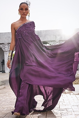 Wine Satin Applique Work One-Shoulder Cape Set by Sawan Gandhi