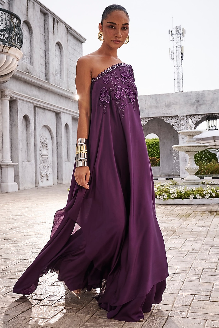 Wine Satin Applique Work One-Shoulder Cape Set by Sawan Gandhi at Pernia's Pop Up Shop