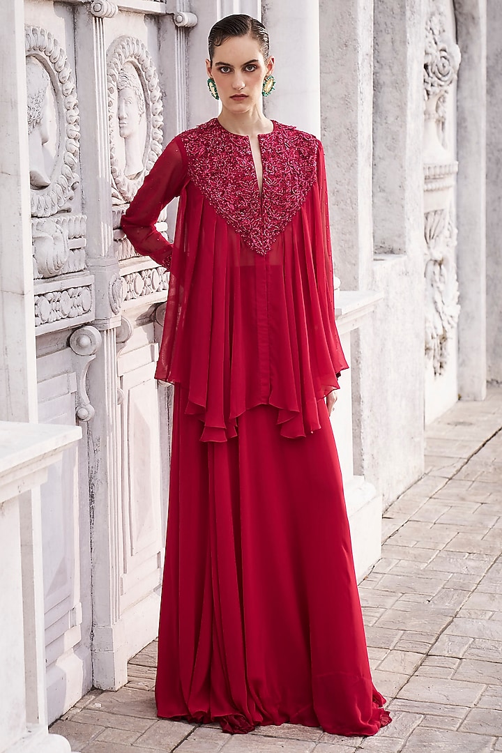 Red Georgette Flared Wedding Sharara Set by Sawan Gandhi at Pernia's Pop Up Shop