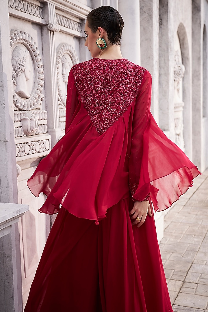 Red Georgette Flared Wedding Sharara Set by Sawan Gandhi at Pernia's Pop Up Shop