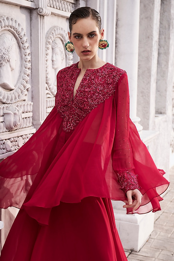 Red Georgette Flared Wedding Sharara Set by Sawan Gandhi at Pernia's Pop Up Shop