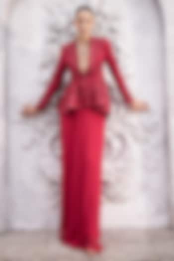 Red Georgette Pleated Skirt Set by Sawan Gandhi at Pernia's Pop Up Shop