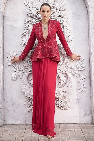 Red Georgette Pleated Skirt Set by Sawan Gandhi