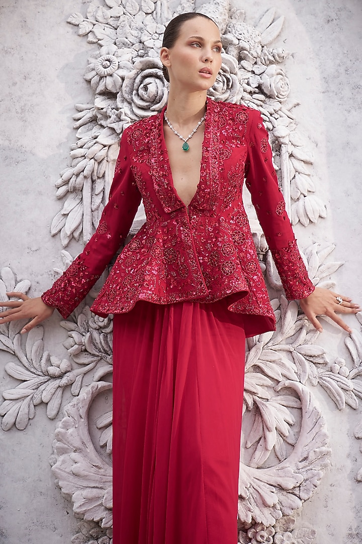 Red Georgette Pleated Skirt Set by Sawan Gandhi at Pernia's Pop Up Shop