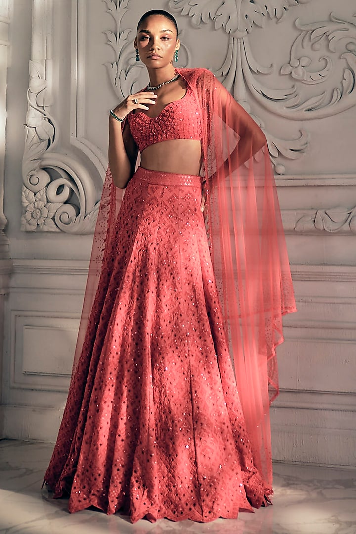 Red-Orange Georgette Skirt Set by Sawan Gandhi at Pernia's Pop Up Shop