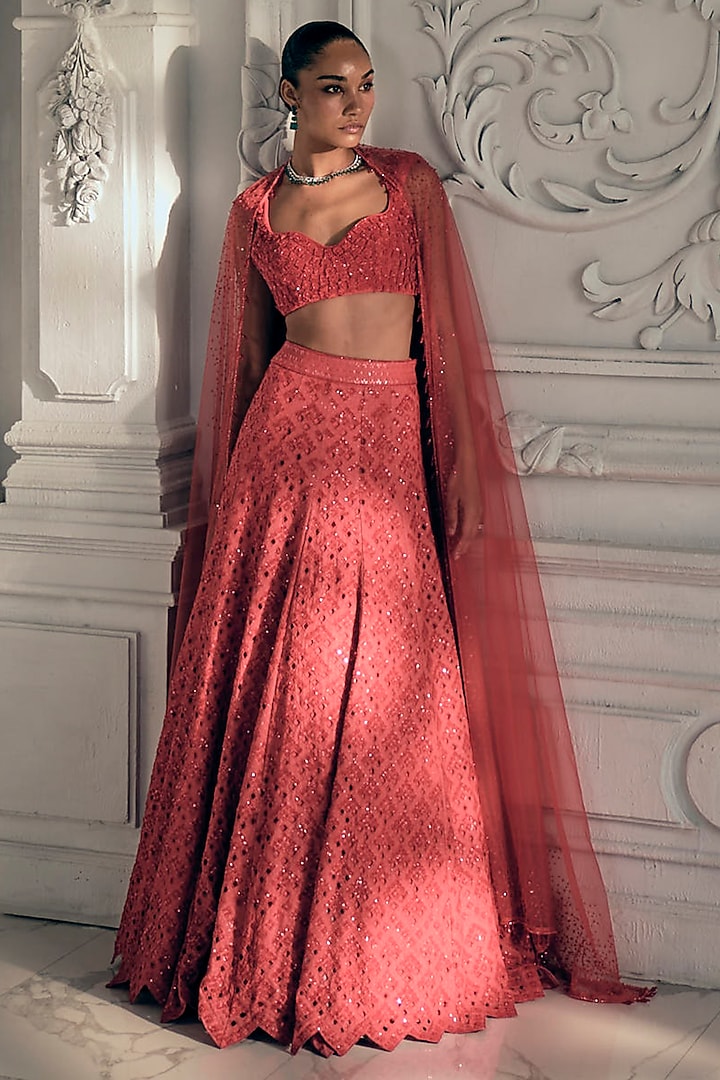 Red-Orange Georgette Skirt Set by Sawan Gandhi at Pernia's Pop Up Shop