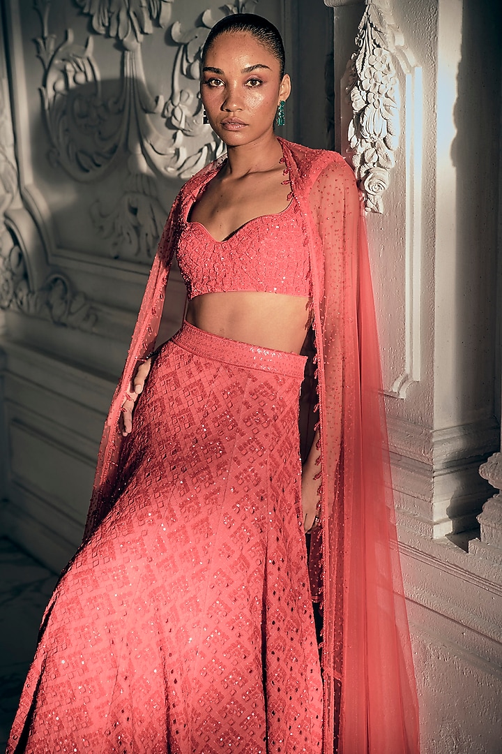 Red-Orange Georgette Skirt Set by Sawan Gandhi at Pernia's Pop Up Shop