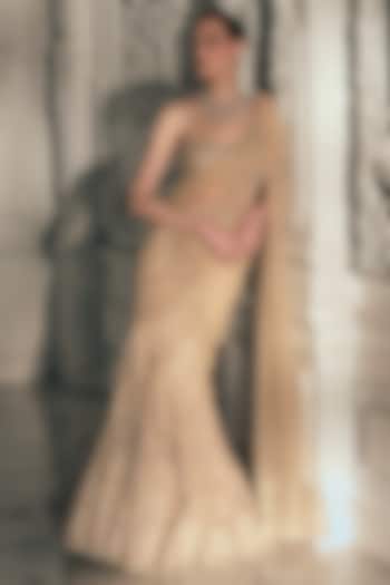 Beige & Gold Georgette Sequins Embroidered Fish-Cut Draped Bridal Saree Set by Sawan Gandhi at Pernia's Pop Up Shop