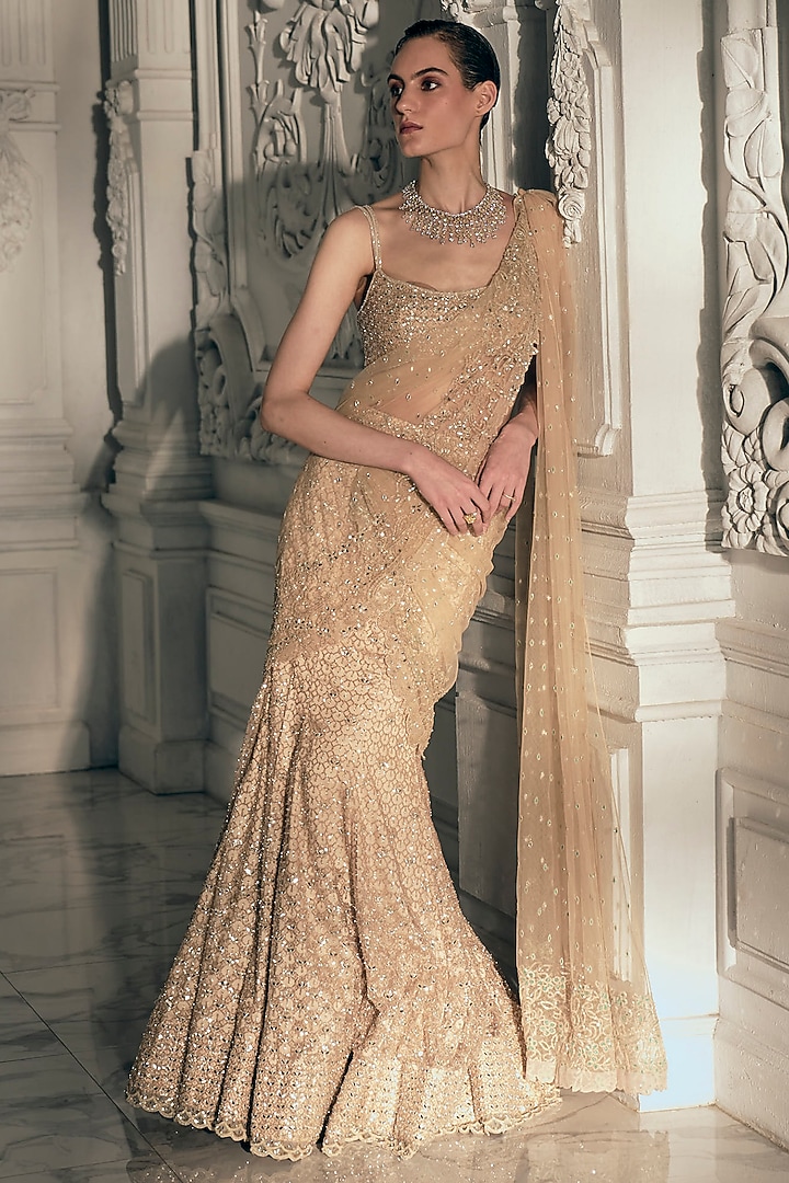 Beige & Gold Georgette Sequins Embroidered Fish-Cut Draped Bridal Saree Set by Sawan Gandhi at Pernia's Pop Up Shop