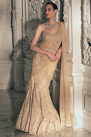 Beige & Gold Georgette Sequins Embroidered Fish-Cut Draped Saree Set by Sawan Gandhi