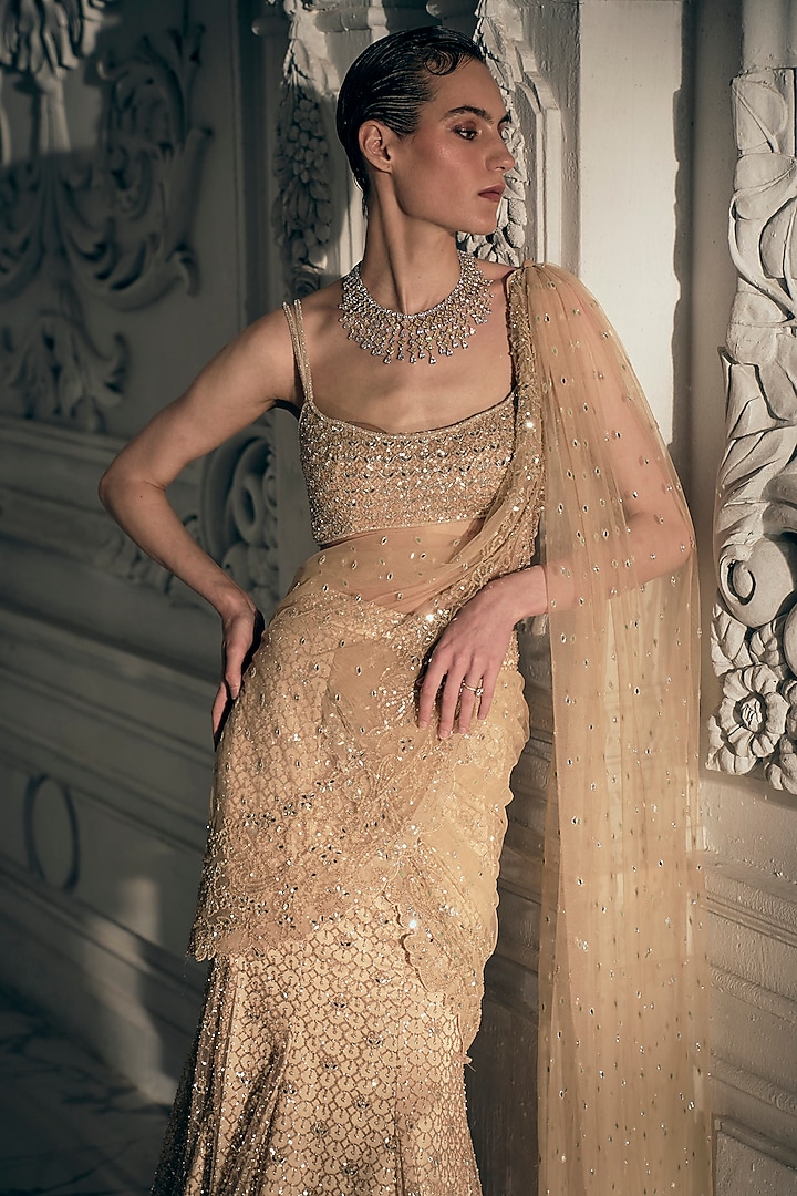 Beige & Gold Georgette Sequins Embroidered Fish-Cut Draped Bridal Saree Set by Sawan Gandhi at Pernia's Pop Up Shop