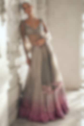 Grey & Pink Georgette Sequins Embroidered Ombre Bridal Lehenga Set by Sawan Gandhi at Pernia's Pop Up Shop