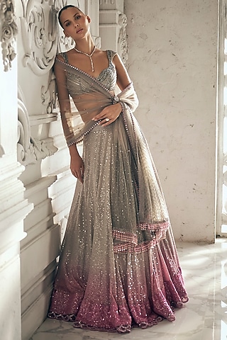 Grey & Pink Georgette Sequins Embroidered Ombre Lehenga Set by Sawan Gandhi