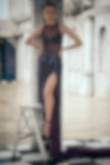 Wine Georgette & Net Sequins Embroidered Skirt Set by Sawan Gandhi at Pernia's Pop Up Shop