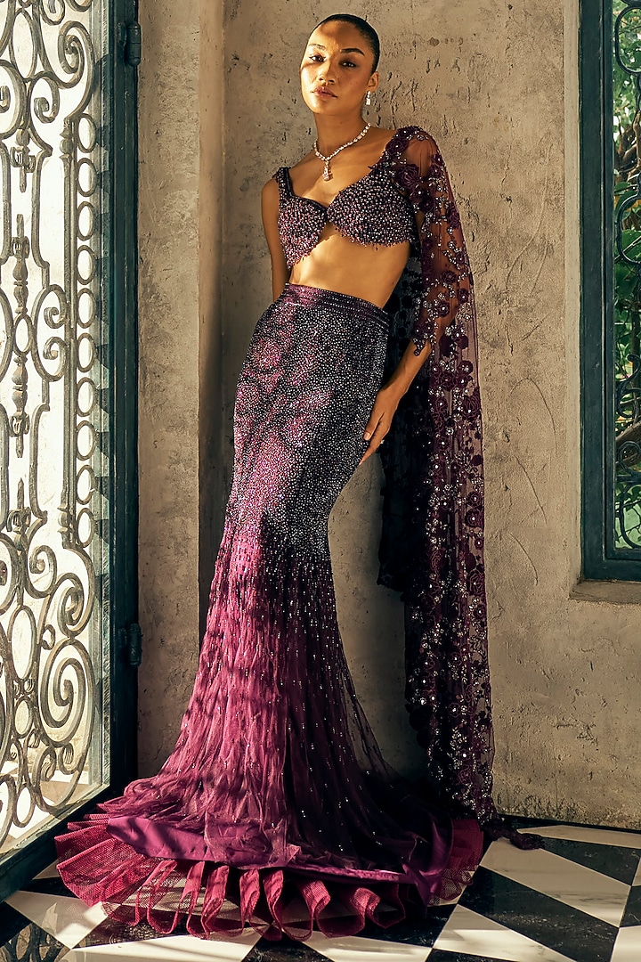 Wine Georgette Swarovski Embroidered Fish-Cut Skirt Set by Sawan Gandhi at Pernia's Pop Up Shop
