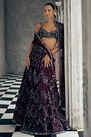 Wine Net & Velvet Cutdana Work Lehenga Set by Sawan Gandhi