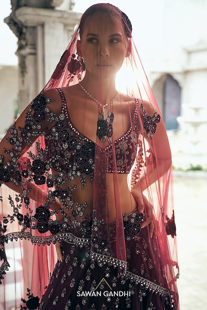 Wine Net & Velvet Cutdana Work Bridal Lehenga Set by Sawan Gandhi at Pernia's Pop Up Shop