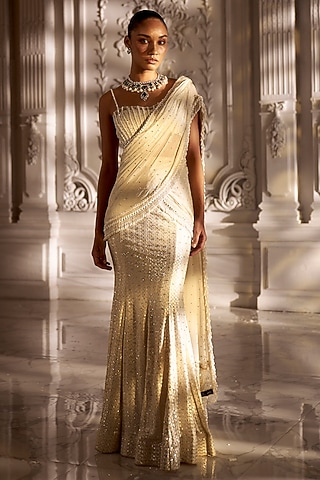 Ivory Georgette Mirror Work Draped Saree Set by Sawan Gandhi