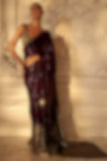 Wine & Grey Georgette Sequins Work Ombre Bridal Saree Set by Sawan Gandhi at Pernia's Pop Up Shop