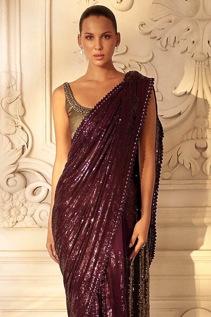 Wine & Grey Georgette Sequins Work Ombre Bridal Saree Set by Sawan Gandhi at Pernia's Pop Up Shop