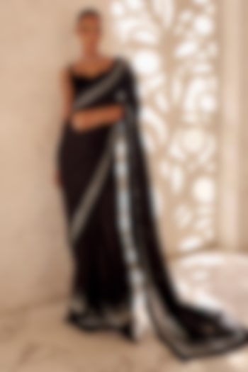 Black Satin Cutdana Embroidered Reception Saree Set by Sawan Gandhi at Pernia's Pop Up Shop
