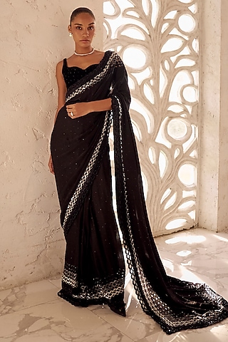 Black Satin Cutdana Embroidered Saree Set by Sawan Gandhi