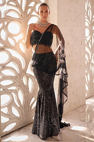 Black Georgette & Net Sequins Work Draped Saree Set by Sawan Gandhi