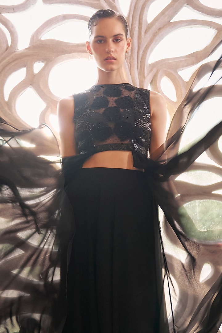 Black Georgette Flared Pant Set by Sawan Gandhi at Pernia's Pop Up Shop