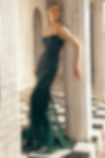 Bottle Green Georgette Crystal Embroidered Wedding Gown by Sawan Gandhi at Pernia's Pop Up Shop