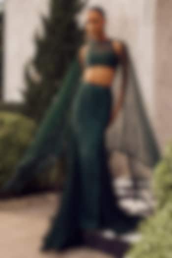 Bottle Green Georgette Cutwork Embroidered Fish-Cut Skirt Set by Sawan Gandhi at Pernia's Pop Up Shop