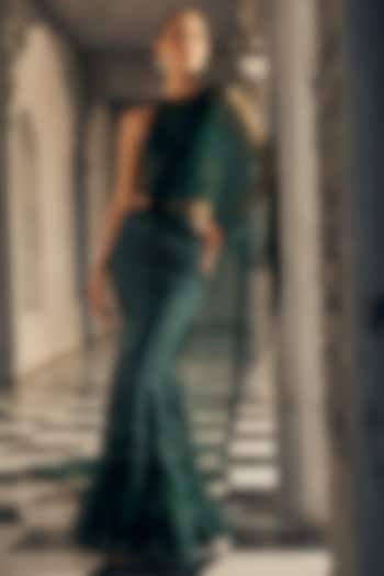 Bottle Green Georgette & Net Sequins Embroidered Fish-Cut Draped Bridal Saree Set by Sawan Gandhi at Pernia's Pop Up Shop