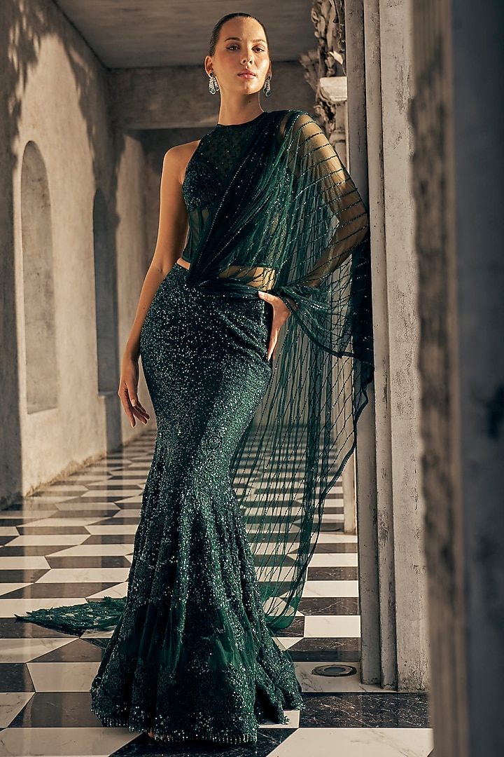 Bottle Green Georgette & Net Sequins Embroidered Fish-Cut Draped Bridal Saree Set by Sawan Gandhi at Pernia's Pop Up Shop