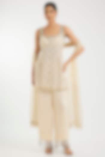 Ivory Net Pearl & Sequins Work Kurta Set by Sawan Gandhi at Pernia's Pop Up Shop