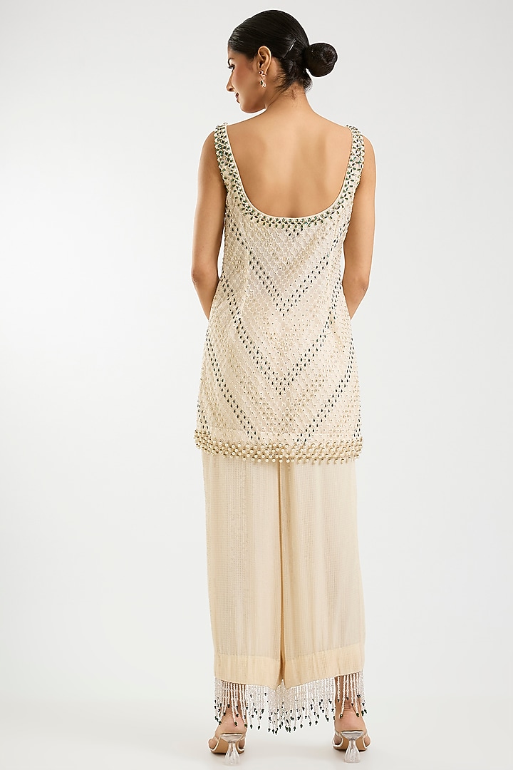 Ivory Net Pearl & Sequins Work Kurta Set by Sawan Gandhi at Pernia's Pop Up Shop