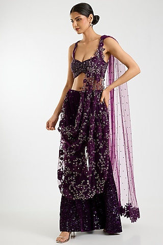 Wine Velvet Applique & Cutdana Embroidered Sharara Saree Set by Sawan Gandhi