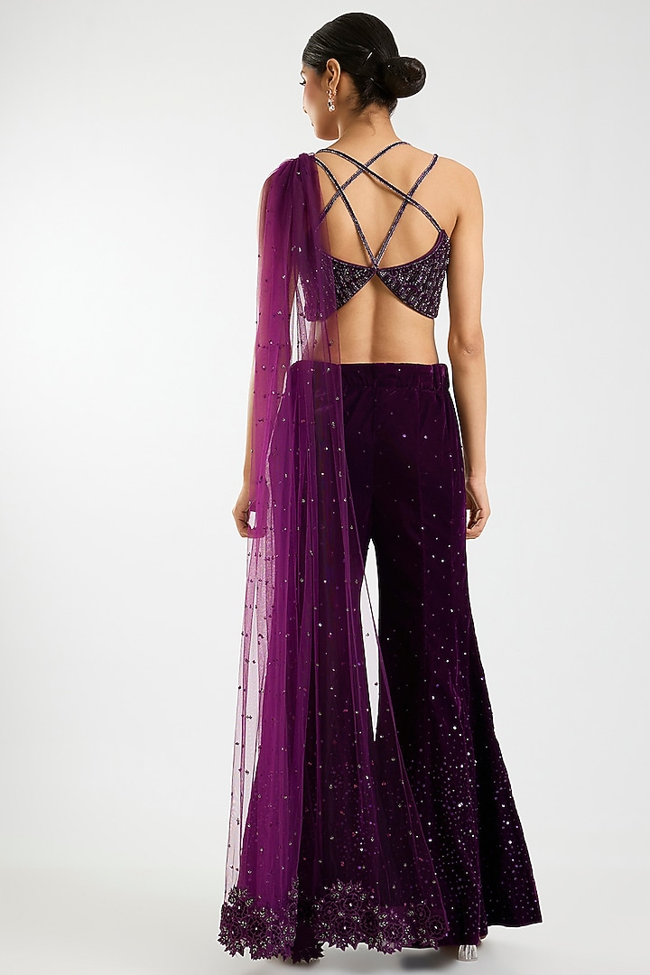 Wine Velvet Applique & Cutdana Embroidered Sharara Reception Saree Set by Sawan Gandhi at Pernia's Pop Up Shop