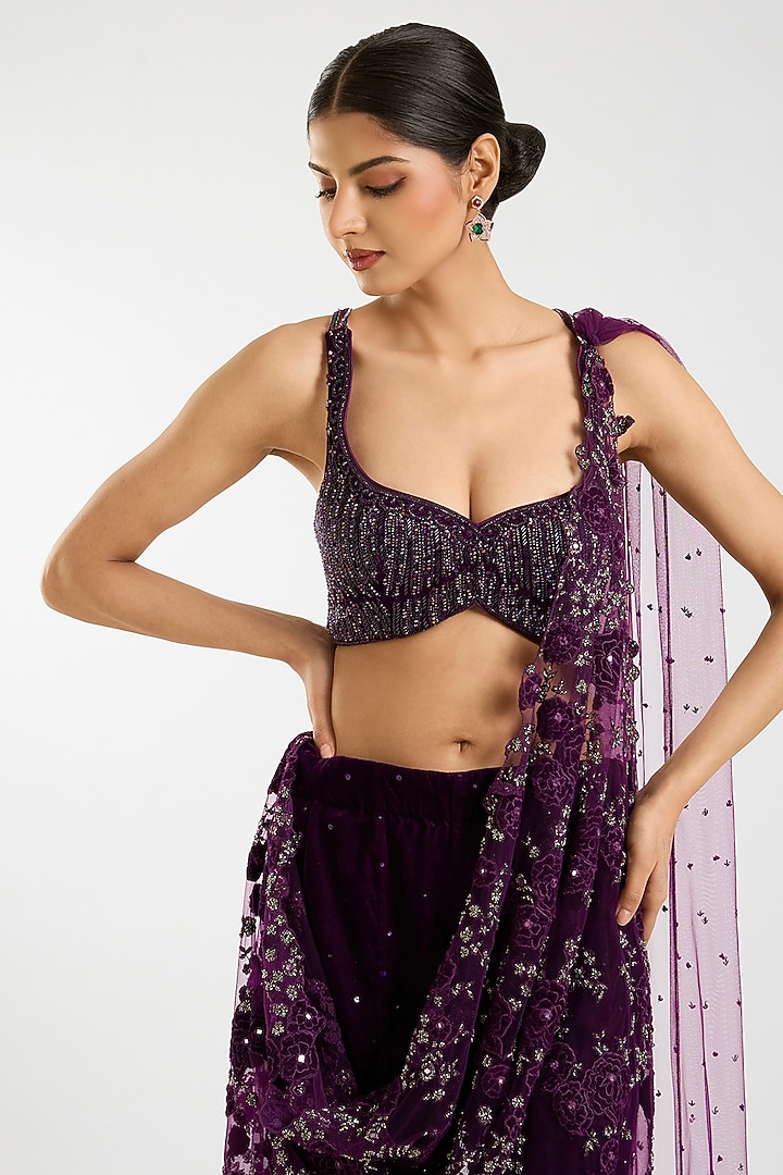 Wine Velvet Applique & Cutdana Embroidered Sharara Reception Saree Set by Sawan Gandhi at Pernia's Pop Up Shop
