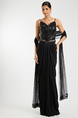 Black Chinon Chiffon Dhoti Skirt Set by Sawan Gandhi