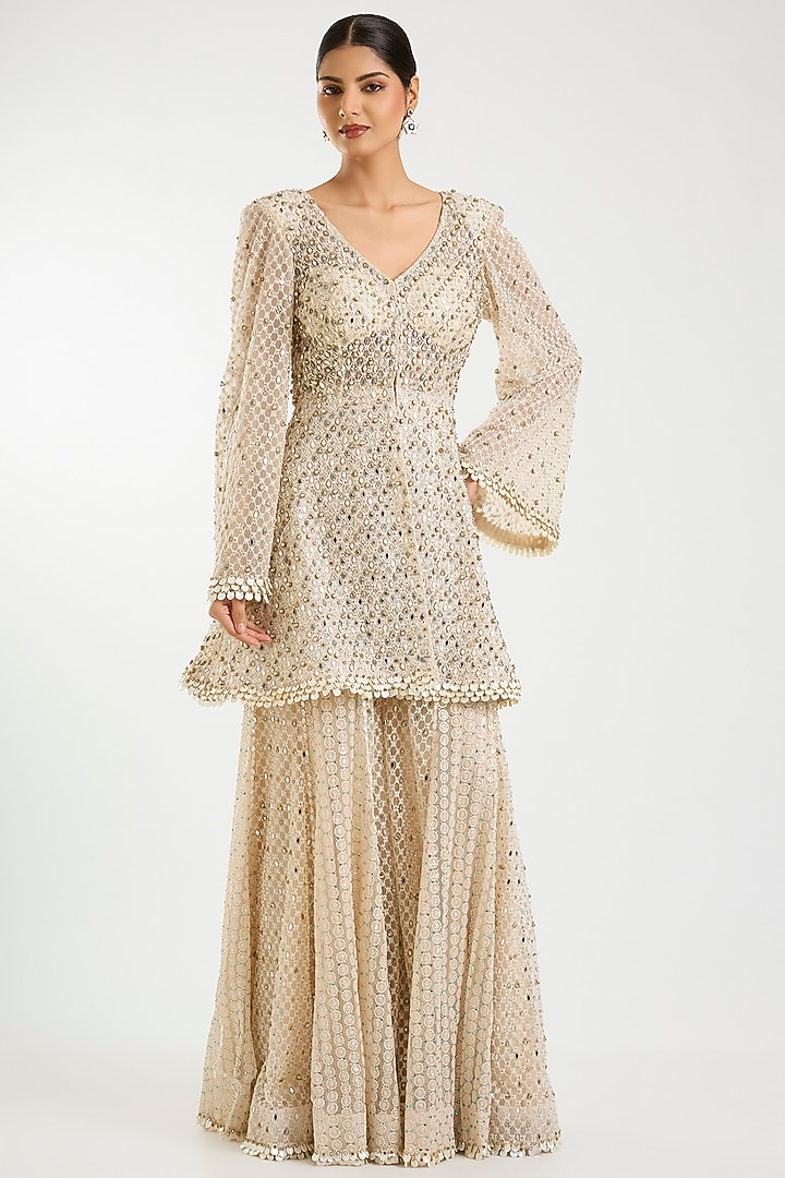 Ivory Net Bead Work Bridal Sharara Set by Sawan Gandhi at Pernia's Pop Up Shop