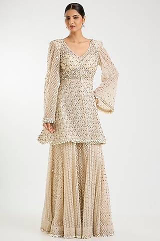 Ivory Net Bead Work Sharara Set by Sawan Gandhi