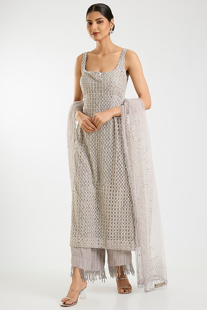 Grey Net Sequins Work Kurta Set by Sawan Gandhi at Pernia's Pop Up Shop