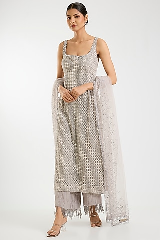 Grey Net Sequins Work Kurta Set by Sawan Gandhi