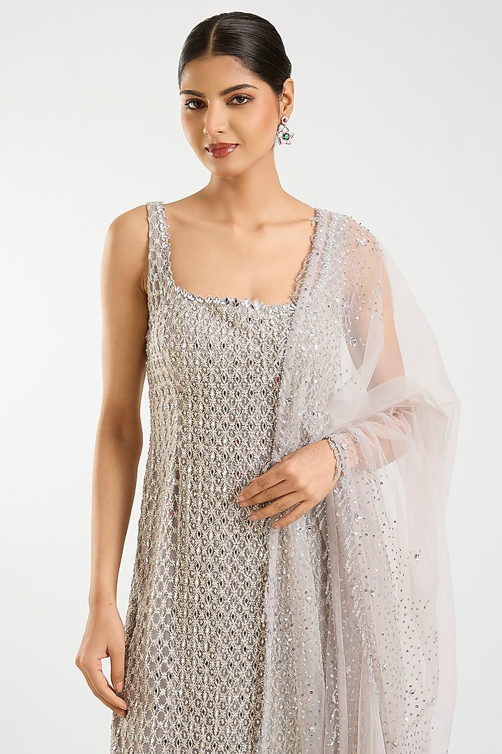 Grey Net Sequins Work Kurta Set by Sawan Gandhi at Pernia's Pop Up Shop
