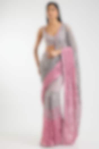 Silver & Pink Ombre Chiffon Sequins & Cutwork Bridal Saree Set by Sawan Gandhi at Pernia's Pop Up Shop